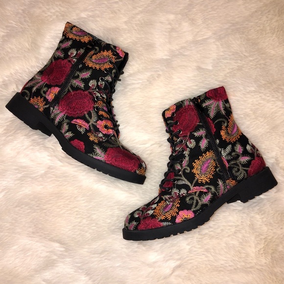 Justfab Floral Embroidered Combat Boot 